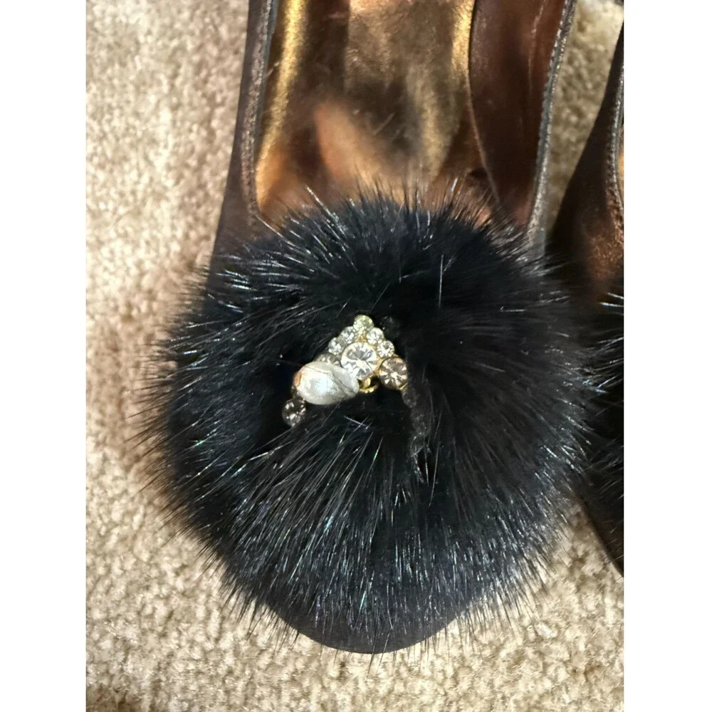 Mariani Studio Bronze Metallic Pumps Womens 7.5 Mink Fur Pom Accent Heels Shoes